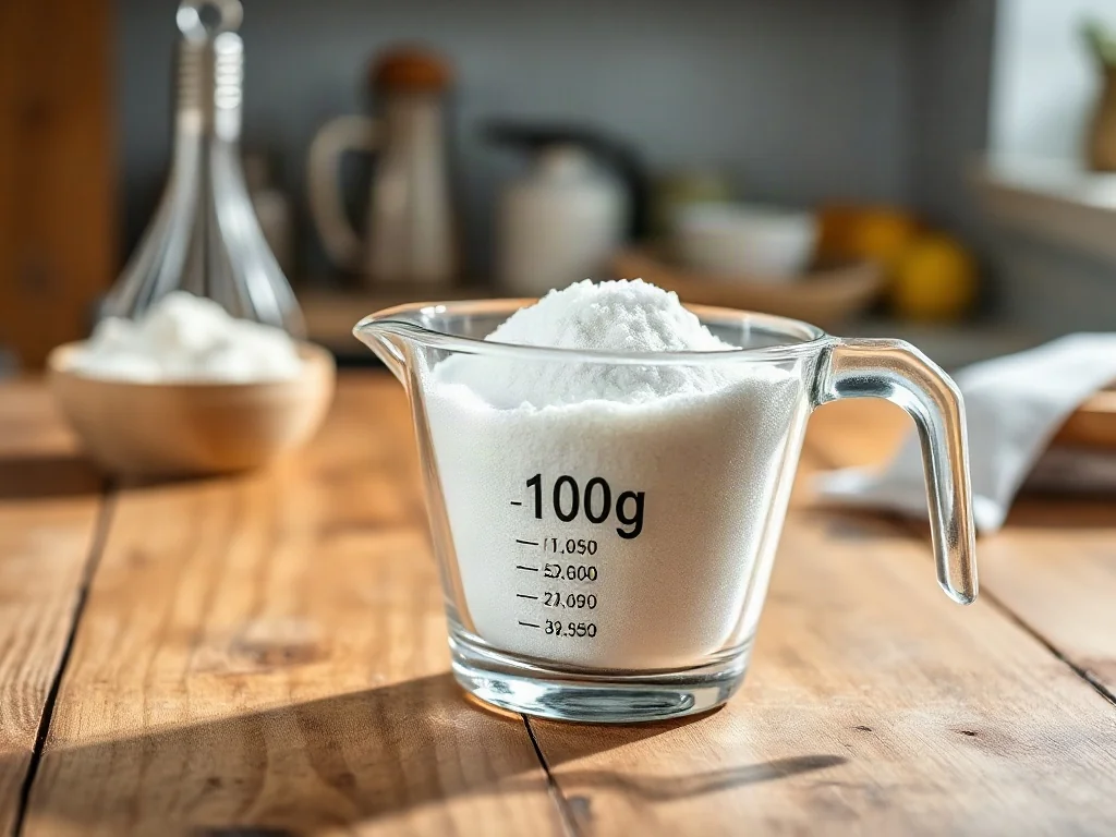 100 g cukru pudru odmierzone w szklanej miarce na drewnianym stole, gotowe do użycia w wypiekach.