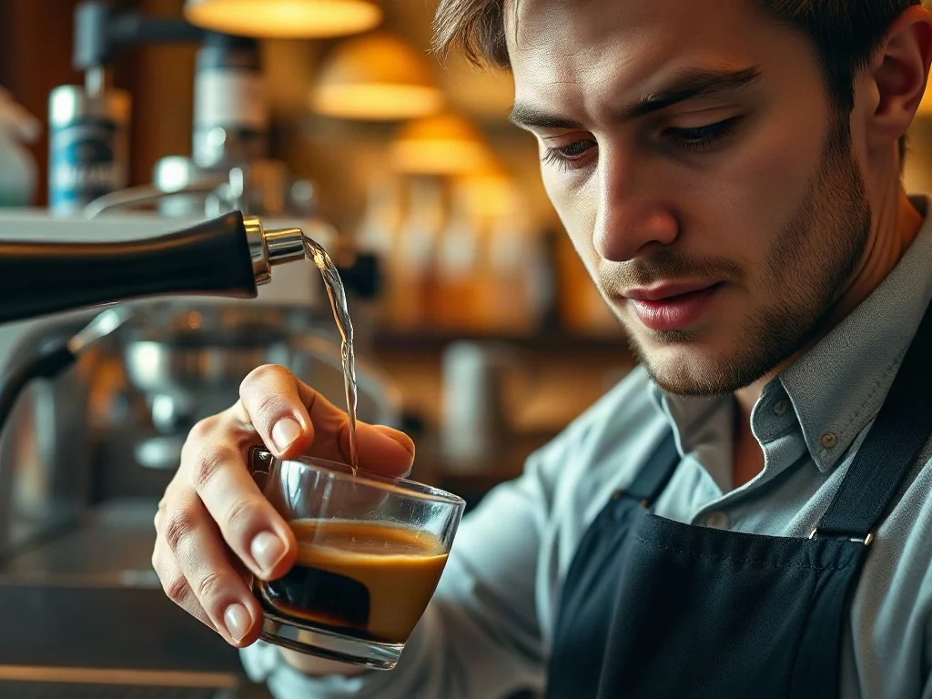 Barista wlewa gorącą wodę do filiżanki z espresso, przygotowując kawę typu americano w kawiarni.