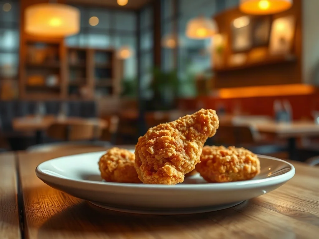 Złocisty, chrupiący nugget z kurczaka podany na minimalistycznym talerzu w restauracyjnym wnętrzu.