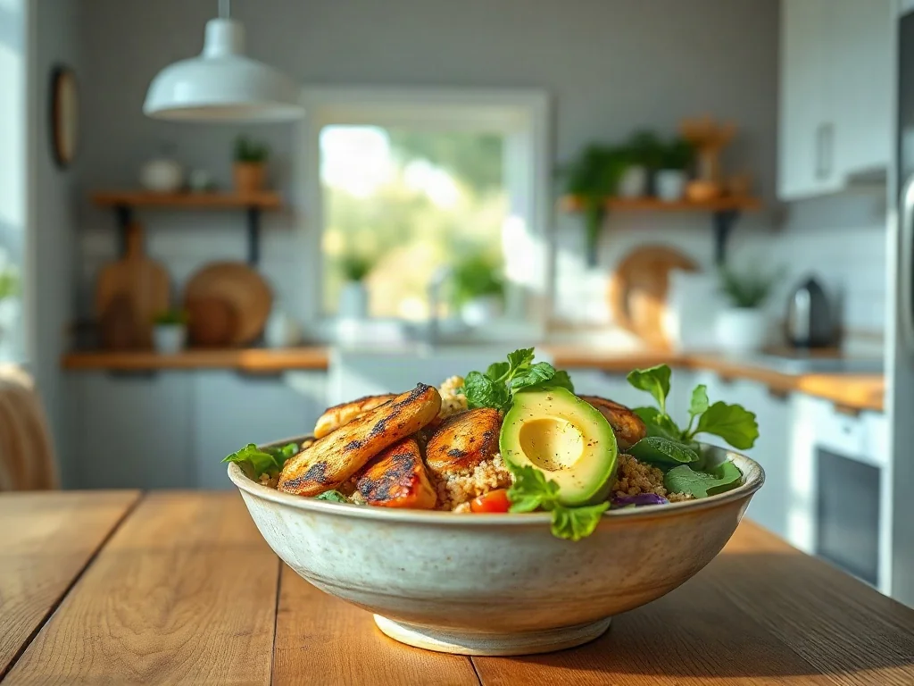 Kolorowa miska z grillowanym kurczakiem, awokado i komosą ryżową jako propozycja zdrowego posiłku w diecie 1600 kcal.