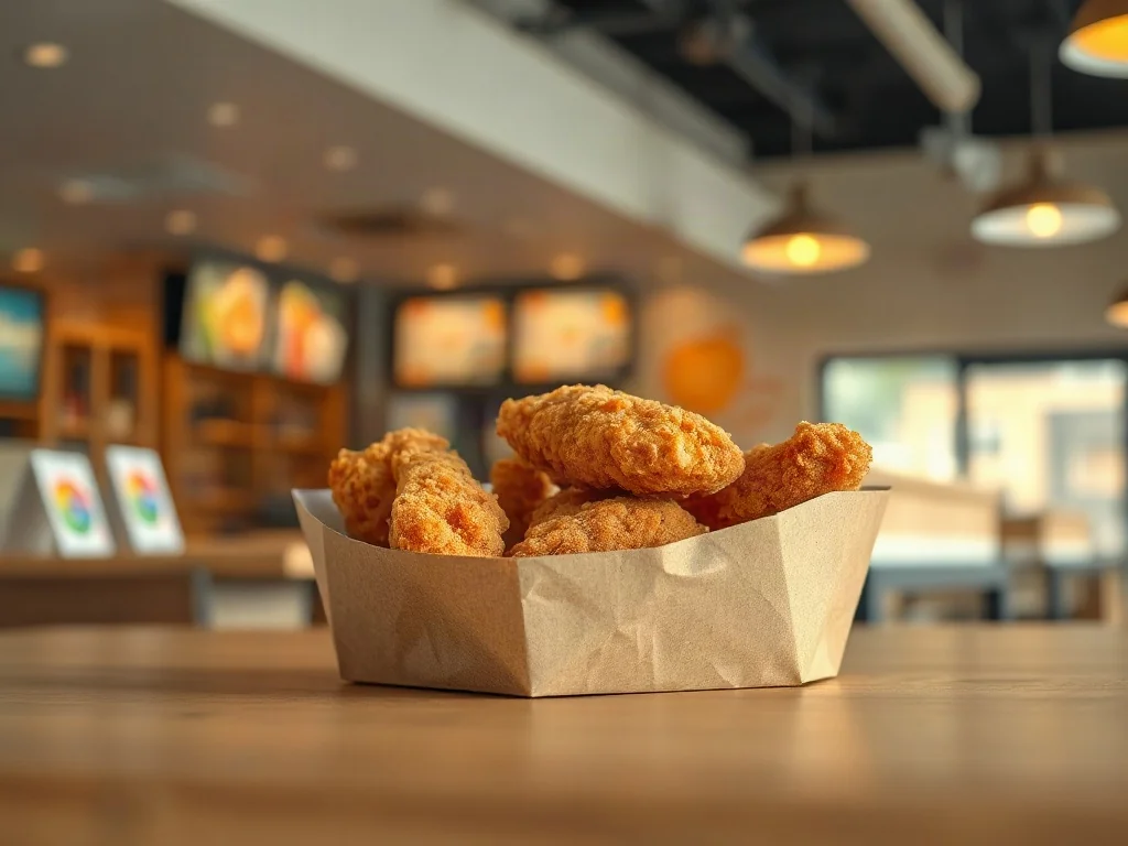 Złociste i chrupiące kawałki kurczaka w pudełku typu Chicken Box podane na drewnianym stole w restauracji McDonald's.
