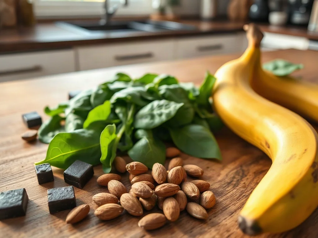 Drewniany stół z produktami bogatymi w magnez, takimi jak gorzka czekolada, orzechy, pestki dyni, szpinak i banan.