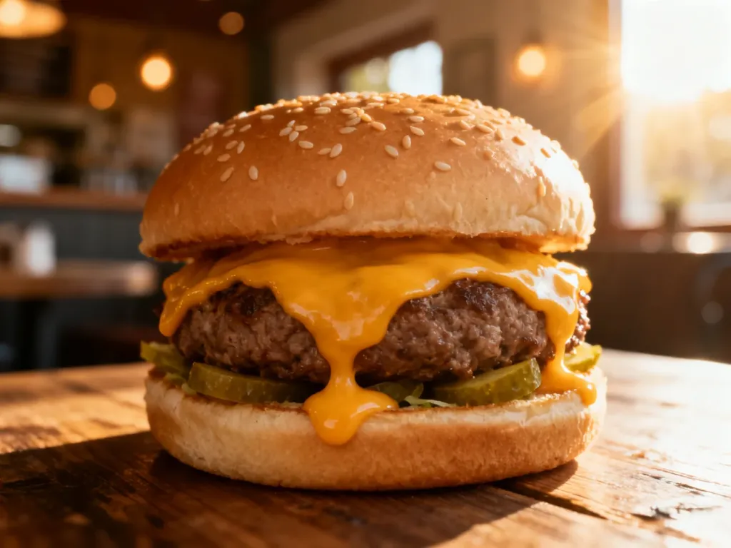 Apetyczny cheeseburger z wołowiną i roztopionym serem na drewnianym stole, ukazujący składniki klasycznej kanapki.