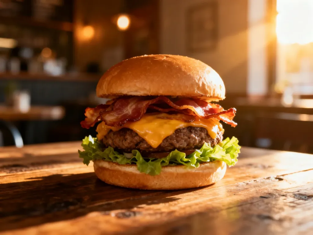 Apetyczny burger Drwal z bekonem, serem i sałatą na drewnianym stole w przytulnej restauracji.