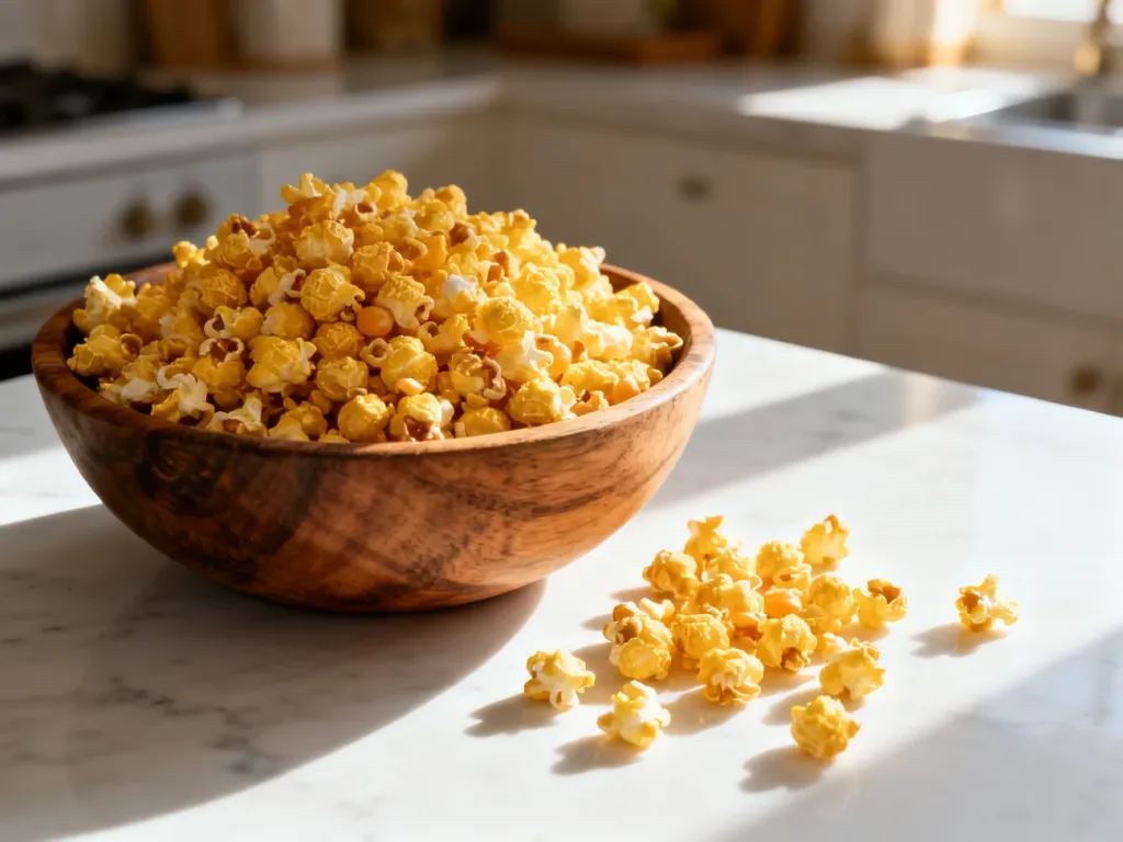 Duża drewniana miska z popcornem na marmurowym blacie, podkreślająca chrupiącą strukturę przekąski w naturalnym świetle.