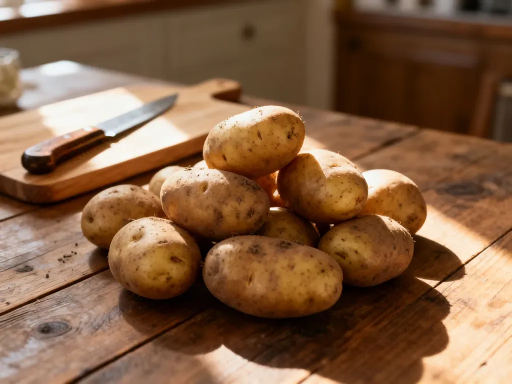 Surowe, organiczne ziemniaki leżące na rustykalnym drewnianym stole w naturalnym świetle poranka.