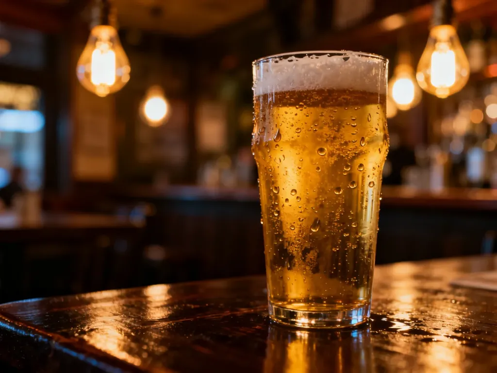 Szklanka zimnego, złotego piwa typu lager z widocznymi bąbelkami na tle nastrojowego pubu.