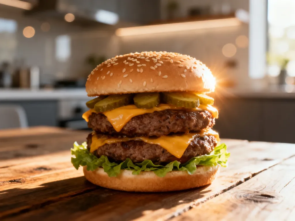 Apetyczny Big Mac z wołowiną, serem i warzywami na drewnianym stole w słonecznym świetle kuchni.