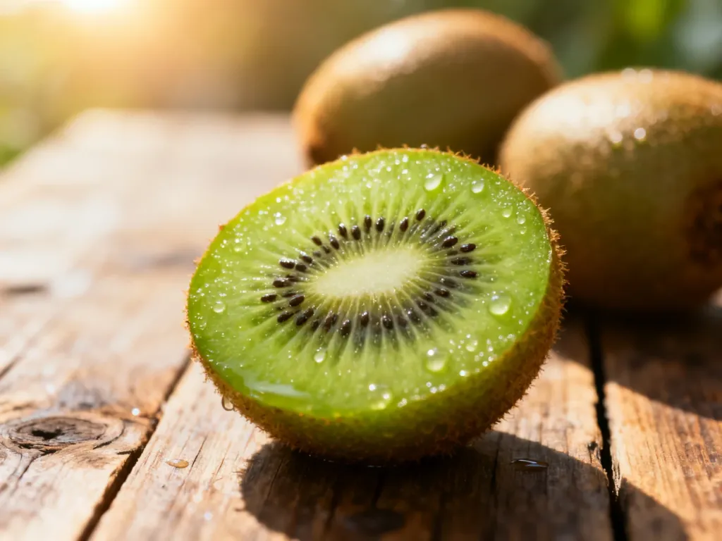 Świeży, soczysty plaster kiwi w zbliżeniu na drewnianym stole, podkreślający naturalną teksturę i wartości odżywcze owocu.