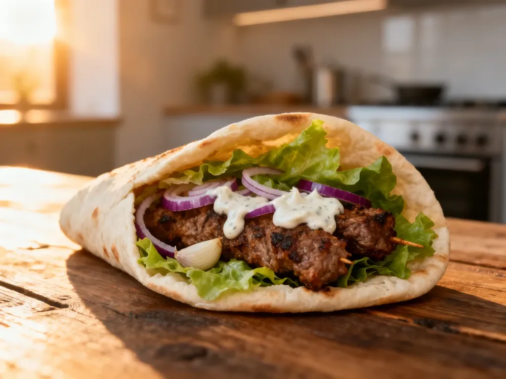 Apetyczny kebab w picie z mięsem, świeżymi warzywami i sosem czosnkowym, podany na rustykalnym drewnianym stole.